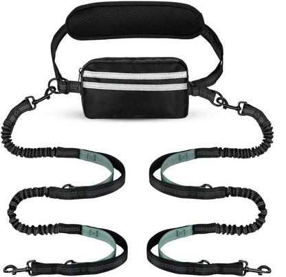 Hands Free Dog Leash with Pouch, Double Leash for Two Dogs, Retractable Bungee with Double Padded Handles, Dog Harness